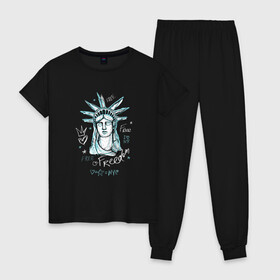 Женская пижама хлопок с принтом Статуя Свободы в Рязани, 100% хлопок | брюки и футболка прямого кроя, без карманов, на брюках мягкая резинка на поясе и по низу штанин | freedom | ny | usa | граффити | надпись | нью йорк | статуя свободы | сша