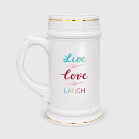 Кружка пивная с принтом Live love laugh, Живи, люби в Рязани,  керамика (Материал выдерживает высокую температуру, стоит избегать резкого перепада температур) |  объем 630 мл | laugh | live | love | живи | зеленый | красный | леттеринг | люби | розовый | смейся