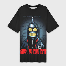 Платье-футболка 3D с принтом Bender x mr robot в Рязани,  |  | bender | futurama | mr robot | planet express | бендер | мистер робот | мульт | мультфильм | планетный экспресс | туранга лила | филипп джэй фрай | футурама