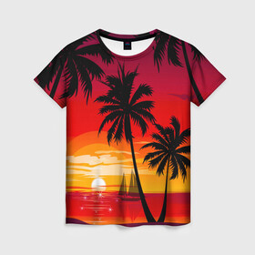 Женская футболка 3D с принтом Гавайский закат в Рязани, 100% полиэфир ( синтетическое хлопкоподобное полотно) | прямой крой, круглый вырез горловины, длина до линии бедер | гавайи | закат | корабль | лето | море | отдых | пальмы | пейзаж | песок | пляж | природа | тропики
