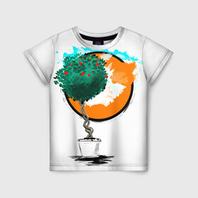 Детская футболка 3D с принтом Дерево (рисунок красками) в Рязани, 100% гипоаллергенный полиэфир | прямой крой, круглый вырез горловины, длина до линии бедер, чуть спущенное плечо, ткань немного тянется | дерево | зеленый | зелень | искусство | краски | оранжевый | пейзаж | растение | рисунок | современный дизайн | современный стиль | солнце