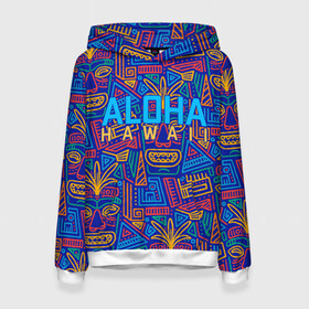 Женская толстовка 3D с принтом ALOHA HAWAII | АЛОХА ГАВАЙИ в Рязани, 100% полиэстер  | двухслойный капюшон со шнурком для регулировки, мягкие манжеты на рукавах и по низу толстовки, спереди карман-кенгуру с мягким внутренним слоем. | aloha | aloha hawaii | hawaii | гаваи | гавайи | гавайские маски | индийские маски | маска тики | маски | маски тики | надпись | пальмы | синий | тики