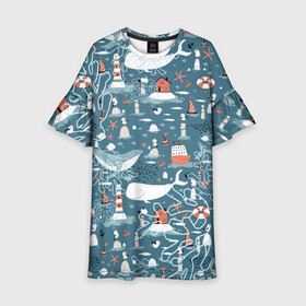 Детское платье 3D с принтом Море и его жители в Рязани, 100% полиэстер | прямой силуэт, чуть расширенный к низу. Круглая горловина, на рукавах — воланы | киты | кораллы | маяк | море | морская тема | морские символы | паттерн | чайка