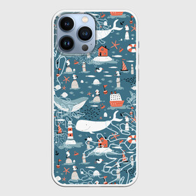 Чехол для iPhone 13 Pro Max с принтом Море и его жители в Рязани,  |  | киты | кораллы | маяк | море | морская тема | морские символы | паттерн | чайка