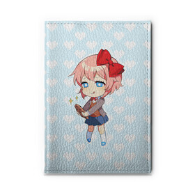 Обложка для автодокументов с принтом Chibi Sayori в Рязани, натуральная кожа |  размер 19,9*13 см; внутри 4 больших “конверта” для документов и один маленький отдел — туда идеально встанут права | Тематика изображения на принте: ddlc | doki doki literature club | sayori | саёри | сайори