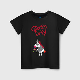 Детская футболка хлопок с принтом Green Day Unicorn в Рязани, 100% хлопок | круглый вырез горловины, полуприлегающий силуэт, длина до линии бедер | Тематика изображения на принте: billie joe armstrong | green day | punk | rock | unicorn | билли джо | грин дей | панк | рок