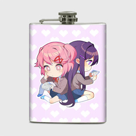 Фляга с принтом Chibi Natsuki and Yuri в Рязани, металлический корпус | емкость 0,22 л, размер 125 х 94 мм. Виниловая наклейка запечатывается полностью | Тематика изображения на принте: ddlc | doki doki literature club | natsuki | yuri | натсуки | нацуки | юри