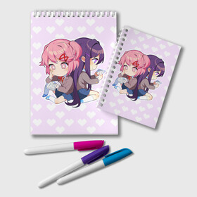 Блокнот с принтом Chibi Natsuki and Yuri в Рязани, 100% бумага | 48 листов, плотность листов — 60 г/м2, плотность картонной обложки — 250 г/м2. Листы скреплены удобной пружинной спиралью. Цвет линий — светло-серый
 | ddlc | doki doki literature club | natsuki | yuri | натсуки | нацуки | юри