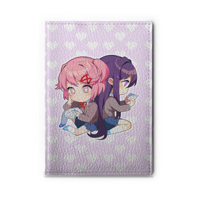 Обложка для автодокументов с принтом Chibi Natsuki and Yuri в Рязани, натуральная кожа |  размер 19,9*13 см; внутри 4 больших “конверта” для документов и один маленький отдел — туда идеально встанут права | ddlc | doki doki literature club | natsuki | yuri | натсуки | нацуки | юри