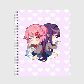 Тетрадь с принтом Chibi Natsuki and Yuri в Рязани, 100% бумага | 48 листов, плотность листов — 60 г/м2, плотность картонной обложки — 250 г/м2. Листы скреплены сбоку удобной пружинной спиралью. Уголки страниц и обложки скругленные. Цвет линий — светло-серый
 | Тематика изображения на принте: ddlc | doki doki literature club | natsuki | yuri | натсуки | нацуки | юри