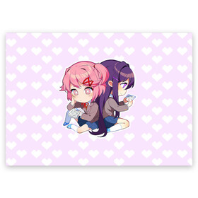 Поздравительная открытка с принтом Chibi Natsuki and Yuri в Рязани, 100% бумага | плотность бумаги 280 г/м2, матовая, на обратной стороне линовка и место для марки
 | Тематика изображения на принте: ddlc | doki doki literature club | natsuki | yuri | натсуки | нацуки | юри