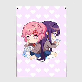 Постер с принтом Chibi Natsuki and Yuri в Рязани, 100% бумага
 | бумага, плотность 150 мг. Матовая, но за счет высокого коэффициента гладкости имеет небольшой блеск и дает на свету блики, но в отличии от глянцевой бумаги не покрыта лаком | ddlc | doki doki literature club | natsuki | yuri | натсуки | нацуки | юри