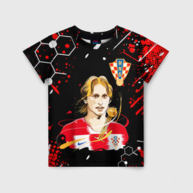 Детская футболка 3D с принтом ЛУКА МОДРИЧ LUKA MODRIC в Рязани, 100% гипоаллергенный полиэфир | прямой крой, круглый вырез горловины, длина до линии бедер, чуть спущенное плечо, ткань немного тянется | football | luka modric | real madrid. | sport | лука модрич | реал мадрид | сборная хорватии | спорт | футбол