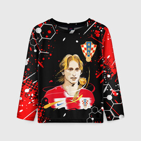 Детский лонгслив 3D с принтом ЛУКА МОДРИЧ LUKA MODRIC в Рязани, 100% полиэстер | длинные рукава, круглый вырез горловины, полуприлегающий силуэт
 | Тематика изображения на принте: football | luka modric | real madrid. | sport | лука модрич | реал мадрид | сборная хорватии | спорт | футбол