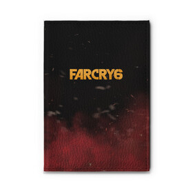 Обложка для автодокументов с принтом Far Cry 6 в Рязани, натуральная кожа |  размер 19,9*13 см; внутри 4 больших “конверта” для документов и один маленький отдел — туда идеально встанут права | far cry 6 | дым | игра | лого | надпись | частицы