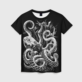Женская футболка 3D с принтом Кракен Монстр в Рязани, 100% полиэфир ( синтетическое хлопкоподобное полотно) | прямой крой, круглый вырез горловины, длина до линии бедер | animal | beast | kraken | monster | ocean | octopus | sea | ship | water | вода | животные | звери | корабль | кракен | монстр | море | океан | осьминог | рыбы | щупальца