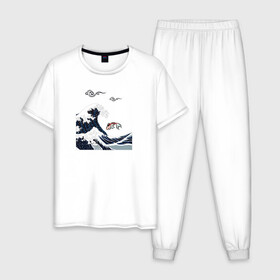 Мужская пижама хлопок с принтом Карп кои в Рязани, 100% хлопок | брюки и футболка прямого кроя, без карманов, на брюках мягкая резинка на поясе и по низу штанин
 | Тематика изображения на принте: волна | карпы кои | океан | рыба | японские карпы