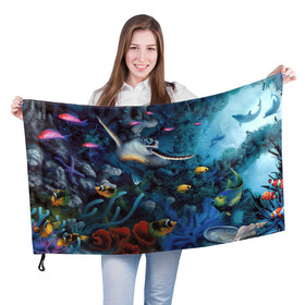 Флаг 3D с принтом Морская черепаха в Рязани, 100% полиэстер | плотность ткани — 95 г/м2, размер — 67 х 109 см. Принт наносится с одной стороны | коралловые | кораллы | море | морская черепаха | морские обитатели | океан | подводный мир | рыбки