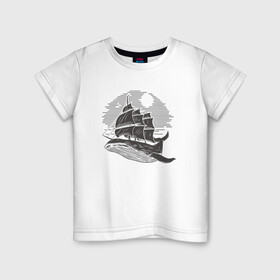 Детская футболка хлопок с принтом КИТ ФРЕГАТ WHALE FRIGATE (Z) в Рязани, 100% хлопок | круглый вырез горловины, полуприлегающий силуэт, длина до линии бедер | boat | frigate | mastodon | rorqual | sailboat | ship | ships | whale | бумага | кит | китовый | кораблик | кораблики | корабль | левиафан | лодка | мастак | мастодонт | мореход | одинокая лодка | парусник | столп | судно | фрегат