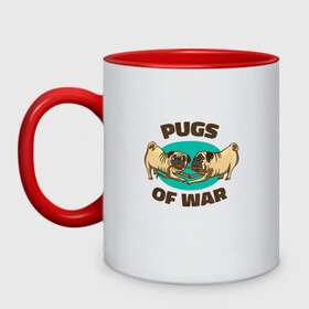 Кружка двухцветная с принтом Pugs of War - Мопсы войны в Рязани, керамика | объем — 330 мл, диаметр — 80 мм. Цветная ручка и кайма сверху, в некоторых цветах — вся внутренняя часть | Тематика изображения на принте: art | cute pugs | english | funny art | game | god of war | parody | pug | английская надпись | год оф вар | игра | иллюстрация | канат | милые мопсы | мопс | мопсики | пародия | перетягивание каната | прикол | пуг | пугель | рисунок