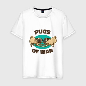 Мужская футболка хлопок с принтом Pugs of War - Мопсы войны в Рязани, 100% хлопок | прямой крой, круглый вырез горловины, длина до линии бедер, слегка спущенное плечо. | art | cute pugs | english | funny art | game | god of war | parody | pug | английская надпись | год оф вар | игра | иллюстрация | канат | милые мопсы | мопс | мопсики | пародия | перетягивание каната | прикол | пуг | пугель | рисунок