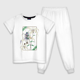 Детская пижама хлопок с принтом Венти и Сессилии в Рязани, 100% хлопок |  брюки и футболка прямого кроя, без карманов, на брюках мягкая резинка на поясе и по низу штанин
 | Тематика изображения на принте: арт | архонт ветра | барбатос | белая лилия | белые лилии | белые цветы | белый цветок | бог ветра | венти | дух ветра | лилии | лилия | милый парень | рисунок | сессилия