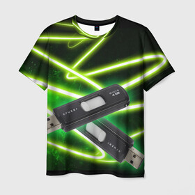 Мужская футболка 3D с принтом Флешка в Рязани, 100% полиэфир | прямой крой, круглый вырез горловины, длина до линии бедер | green | usb | зелёная дымка | накопитель | неон | флешка