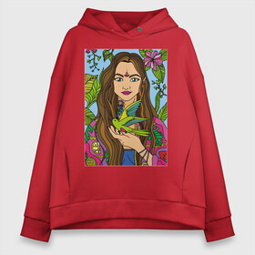 Женское худи Oversize хлопок с принтом Girl with bird in nature в Рязани, френч-терри — 70% хлопок, 30% полиэстер. Мягкий теплый начес внутри —100% хлопок | боковые карманы, эластичные манжеты и нижняя кромка, капюшон на магнитной кнопке | bird | blue | flowers | girl | green | hippie | leaves | lemon | meditation | nature | pineapple | pink | relax | sky | summer | yellow | yoga | картина с девушкой и птичкой | тату