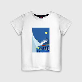 Детская футболка хлопок с принтом паровозик в Рязани, 100% хлопок | круглый вырез горловины, полуприлегающий силуэт, длина до линии бедер | Тематика изображения на принте: гора | минимализм | мостик | паровозик | синее небо | снег | солнышко
