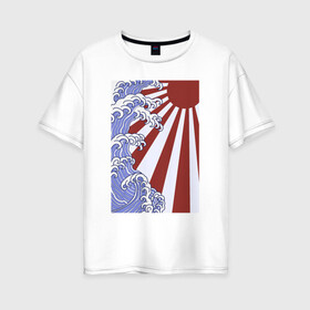 Женская футболка хлопок Oversize с принтом Волна и солнце в Канагаве в Рязани, 100% хлопок | свободный крой, круглый ворот, спущенный рукав, длина до линии бедер
 | japan | japanese style | ninja | samurai | shinobi | the great wave off kanagawa | большая волна в канагаве | иероглифы | канагава | киото | осака | самурай | токио | японист | япония | японский стиль | японский флаг | японское солнце
