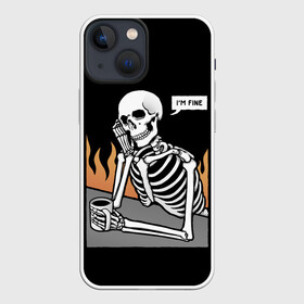 Чехол для iPhone 13 mini с принтом Я В Порядке в Рязани,  |  | bones | fine | fire | flame | im | skeleton | skull | апатия | в | депрессия | кости | кружка | настроение | огонь | пламя | пожар | порядке | прострация | скелет | череп | эмоции | я