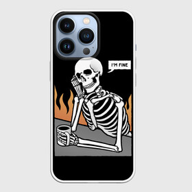 Чехол для iPhone 13 Pro с принтом Я В Порядке в Рязани,  |  | Тематика изображения на принте: bones | fine | fire | flame | im | skeleton | skull | апатия | в | депрессия | кости | кружка | настроение | огонь | пламя | пожар | порядке | прострация | скелет | череп | эмоции | я