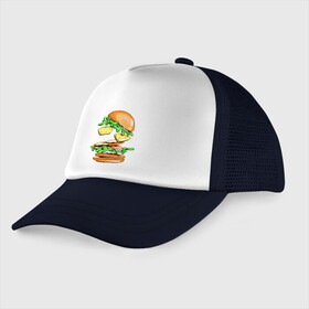 Детская кепка тракер с принтом King Burger в Рязани, Козырек - 100% хлопок. Кепка - 100% полиэстер, Задняя часть - сетка | универсальный размер, пластиковая застёжка | burger | burger king | king | бургер | гамбургер