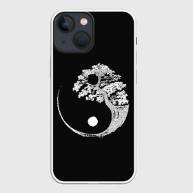 Чехол для iPhone 13 mini с принтом Yin and Yang. Bonsai Tree в Рязани,  |  | Тематика изображения на принте: black | bonsai | buddhism | dualism | esotericism | evil | good | japan | negative | philosophy | positive | tree | white | yang | yin | zen | белое | бонсай | буддизм | дерево | дзен | добро | древо | дуализм | зло | инь | негатив | позитив | философия |