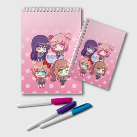 Блокнот с принтом DOKI DOKI LITERATURE CLUB в Рязани, 100% бумага | 48 листов, плотность листов — 60 г/м2, плотность картонной обложки — 250 г/м2. Листы скреплены удобной пружинной спиралью. Цвет линий — светло-серый
 | Тематика изображения на принте: club | doki doki | literature | monika | natsuki | novel | saeri | yuri | доки доки | клуб | литературный | моника | нацуки | роман | саёри | юри