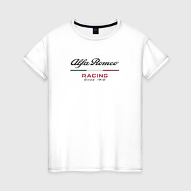 Женская футболка хлопок с принтом Alfa Romeo F1 Team в Рязани, 100% хлопок | прямой крой, круглый вырез горловины, длина до линии бедер, слегка спущенное плечо | alfa romeo | f1 | formula 1 | team | альфе ромео | антонио джовинации | кими райкконен | логотип | ф1 | формула 1