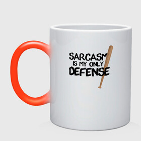 Кружка хамелеон с принтом Sarcasm is my only defense в Рязани, керамика | меняет цвет при нагревании, емкость 330 мл | alpha | beta | derek | derek hale | omega | scott | scott mccall | serial | stiles | stiles stilinski | teen wolf | wolf | бета | волк | волки | волчонок | дерек | дерек хейл | оборотень | оборотни | ольфа | омега | сериал | скотт | скотт макколл | стайлз