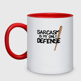 Кружка двухцветная с принтом Sarcasm is my only defense в Рязани, керамика | объем — 330 мл, диаметр — 80 мм. Цветная ручка и кайма сверху, в некоторых цветах — вся внутренняя часть | Тематика изображения на принте: alpha | beta | derek | derek hale | omega | scott | scott mccall | serial | stiles | stiles stilinski | teen wolf | wolf | бета | волк | волки | волчонок | дерек | дерек хейл | оборотень | оборотни | ольфа | омега | сериал | скотт | скотт макколл | стайлз