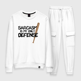 Женский костюм хлопок с принтом Sarcasm is my only defense в Рязани, 100% хлопок | на свитшоте круглая горловина, мягкая резинка по низу. Брюки заужены к низу, на них два вида карманов: два 