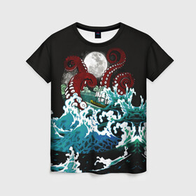 Женская футболка 3D с принтом Корабль на Волнах | Кракен в Рязани, 100% полиэфир ( синтетическое хлопкоподобное полотно) | прямой крой, круглый вырез горловины, длина до линии бедер | animal | beast | kraken | monster | moon | ocean | octopus | sea | ship | water | waves | вода | волны | животные | звери | корабль | кракен | луна | монстр | море | океан | осьминог | рыбы | щупальца