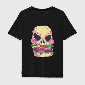 Мужская футболка хлопок Oversize с принтом Череп Бургер Skull Burger в Рязани, 100% хлопок | свободный крой, круглый ворот, “спинка” длиннее передней части | Тематика изображения на принте: 100 эко | big daddy | boomer | fashion man | hipster | hipster merch | old school | real man | skulls | vintage | wild beast | бумер | винтаж | гамбургер | еда | фастфуд | хипстер | хипстер мерч | хипстерский череп | черепа | чизбургер