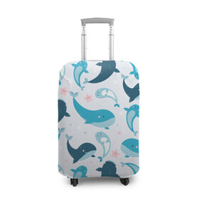 Чехол для чемодана 3D с принтом Киты и тюлени в Рязани, 86% полиэфир, 14% спандекс | двустороннее нанесение принта, прорези для ручек и колес | whale | белый кит | кит | киты | корабли | кораблики | маяк | морские | паттерн | синий кит | чайки