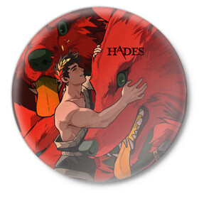 Значок с принтом Hades Zagreus в Рязани,  металл | круглая форма, металлическая застежка в виде булавки | hades | roguelike | zagreus | бесконечные круги ада | бог | волк | загрей | компьютерная игра | красный | мифология | сын аида | трехглавый