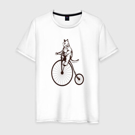 Мужская футболка хлопок с принтом Винтажный кот на велосипеде в Рязани, 100% хлопок | прямой крой, круглый вырез горловины, длина до линии бедер, слегка спущенное плечо. | art | cat | circus | fat cat | grand b | kitten | kitty | penny farthing | pennyfarthing | retro | vintage | арт | велосипед с большим колесом | винтаж | винтажный рисунок | котик | кошка | пенни фартинг | пеннифартинг | ретро | толстый кот |