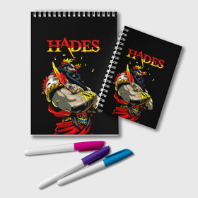 Блокнот с принтом Hades в Рязани, 100% бумага | 48 листов, плотность листов — 60 г/м2, плотность картонной обложки — 250 г/м2. Листы скреплены удобной пружинной спиралью. Цвет линий — светло-серый
 | hades | roguelike | аид | бесконечные круги ада | бог подземного мира | компьютерная игра | мифология