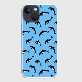 Чехол для iPhone 13 mini с принтом Дельфины в Рязани,  |  | dolphin | дельфин | дельфины | море | морские | на голубом | с дельфином