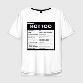 Мужская футболка хлопок Oversize с принтом BTS DYNAMITE BILLBOARD HOT-100 в Рязани, 100% хлопок | свободный крой, круглый ворот, “спинка” длиннее передней части | Тематика изображения на принте: bbma | bts | dynamite | j hope | jimin | jin | jk | rm | suga | v | чарт топ