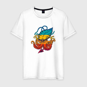 Мужская футболка хлопок с принтом Ктулху цветной в Рязани, 100% хлопок | прямой крой, круглый вырез горловины, длина до линии бедер, слегка спущенное плечо. | Тематика изображения на принте: king | kraken | octopus | корона | кракен | ктулху | море | морские | морское | осьминог | щупальца