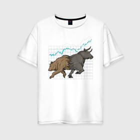 Женская футболка хлопок Oversize с принтом Бык или Медведь в Рязани, 100% хлопок | свободный крой, круглый ворот, спущенный рукав, длина до линии бедер
 | bulls | акции | банк | бык | инвестиции | медведь | тинькофф