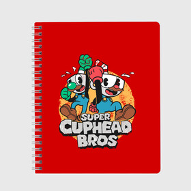 Тетрадь с принтом Super Cuphead Bros в Рязани, 100% бумага | 48 листов, плотность листов — 60 г/м2, плотность картонной обложки — 250 г/м2. Листы скреплены сбоку удобной пружинной спиралью. Уголки страниц и обложки скругленные. Цвет линий — светло-серый
 | arkade | cup head | cuphead | game | games | mario | аркада | игра | игры | кап хэд | капхед | купа хэд | марио | сгз руфв | сгзруфв | чашкоголовый